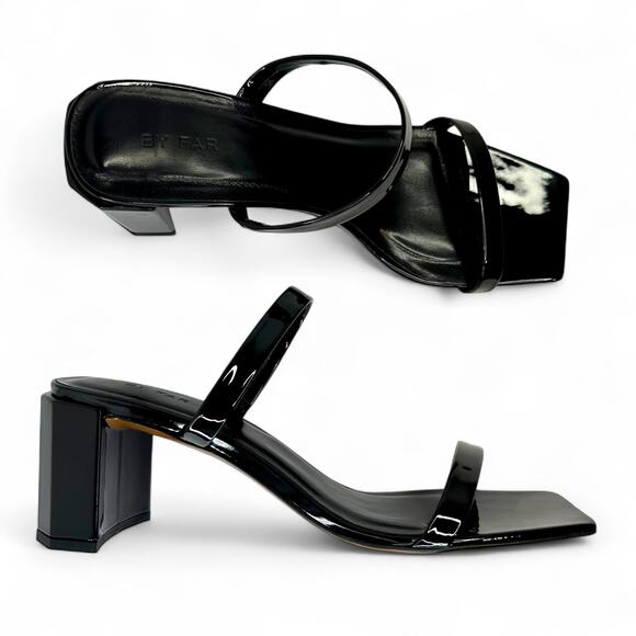 By Far Women's Tanya Patent Leather Sandals Size Italy 39 US 9 Black Block Heel - Picture 1 of 10
